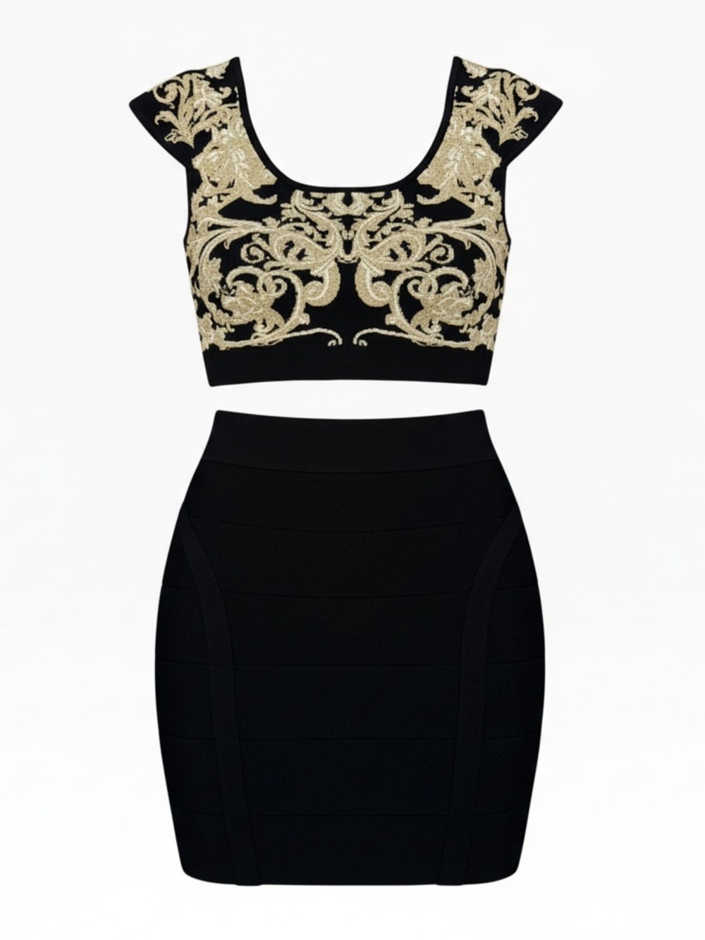 BEBE Black & Gold Embroidered Crop Top and Mini Skirt Set